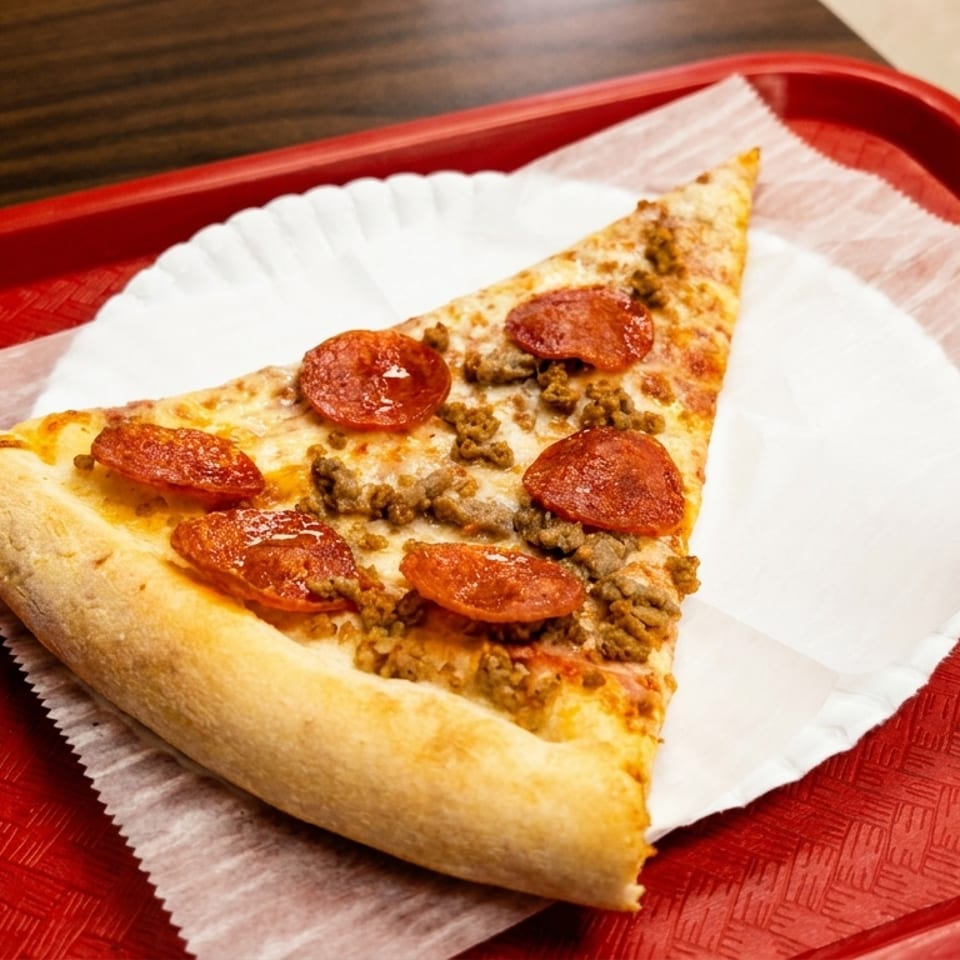 A single slice of pepperoni and sausage pizza on a white paper plate, resting on a red tray.