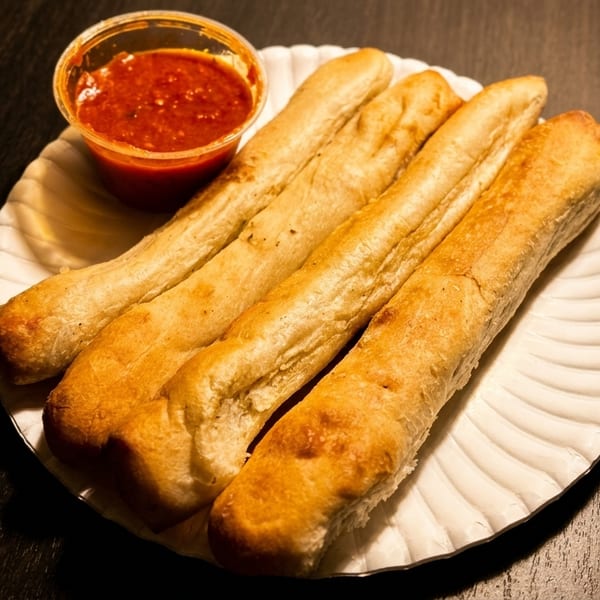 Four golden-brown breadsticks and a cup of red marinara sauce on a white plate.
