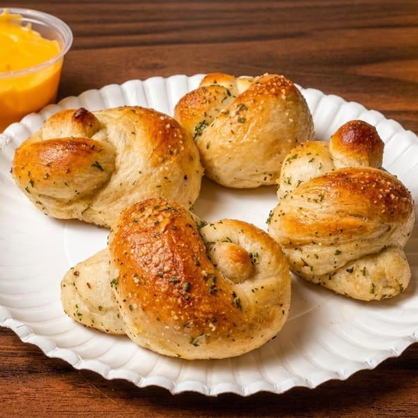 Garlic knots with herbs and parmesan on a white plate, with a side of cheese sauce.