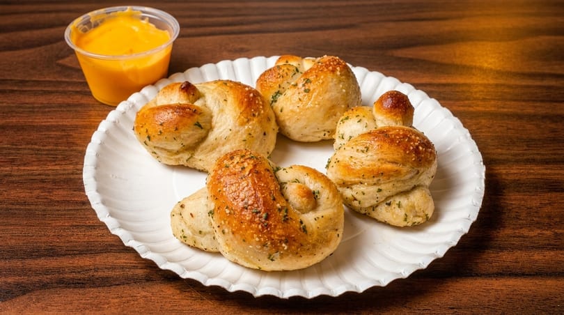 Garlic knots with herbs and parmesan on a white paper plate, with a side of cheese sauce.