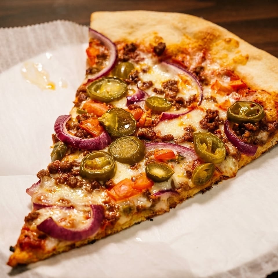 A single slice of pizza with ground meat, red onions, and jalapeños on a white paper plate.