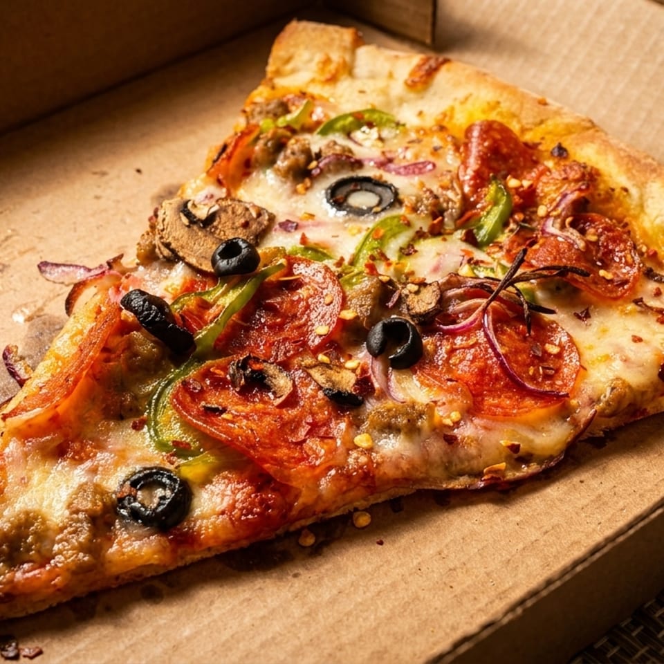 A single slice of pepperoni, olive, mushroom, and pepper pizza in a cardboard delivery box.