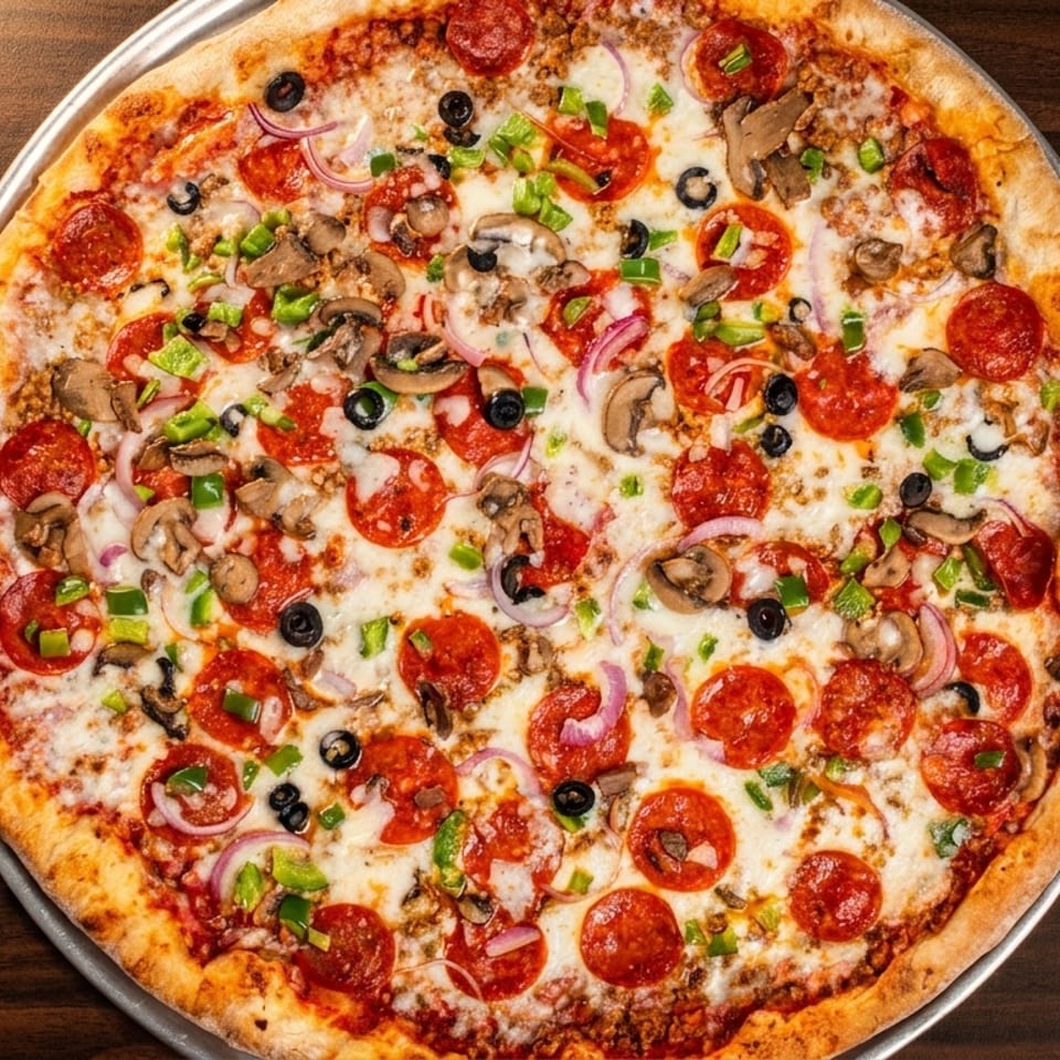 A large, fully loaded pizza with pepperoni, mushrooms, olives, onions, and green peppers.