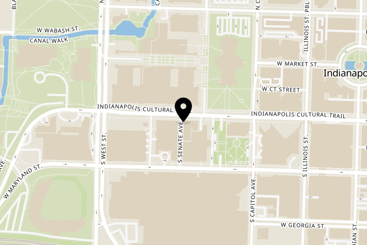 Map showing the location of Pronta Pizzeria on 325 W Washington St in Indianapolis